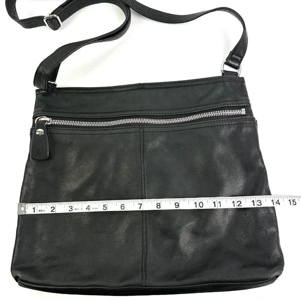 Margot Crossbody Bag Double Zip Black Leather Handbag Silver Accent‎ Purse